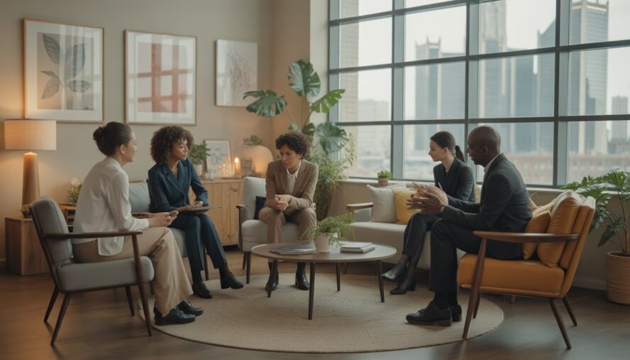 Therapists and a client having a supportive conversation in a bright, comfortable therapy office with large windows showing a city view.