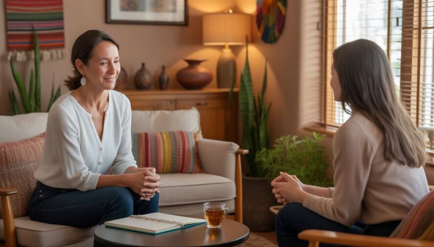 A therapist attentively listening to a client in a warm, inviting therapy office with Southwestern decor and natural light.