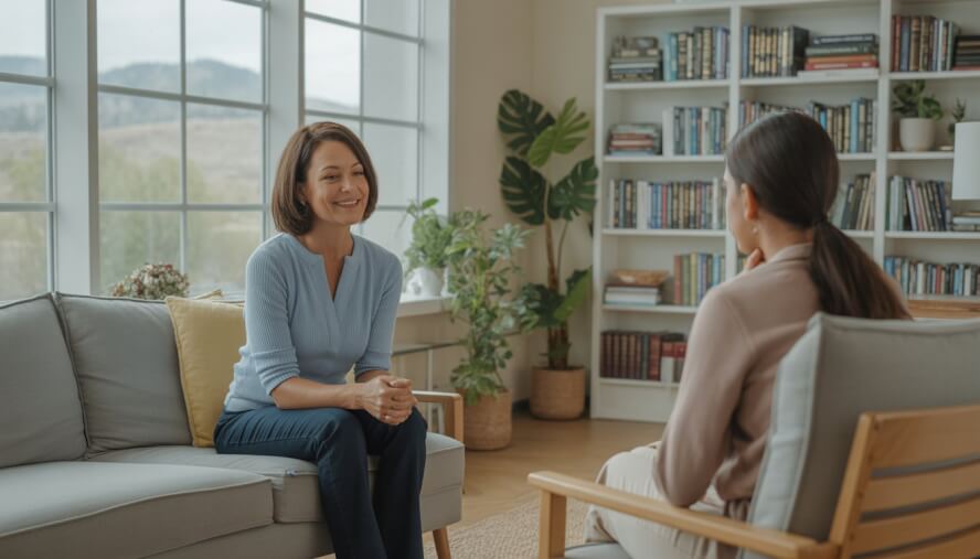 A therapist attentively listening to a client in a bright, cozy therapy office with a view of Boise's foothills.