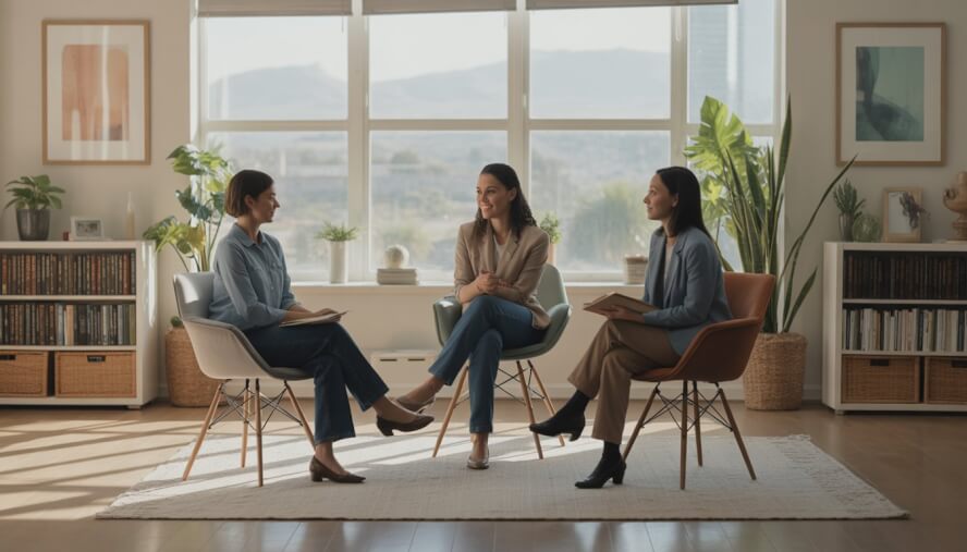 Two therapists talking with a client in a bright, comfortable therapy office with large windows showing a city view.