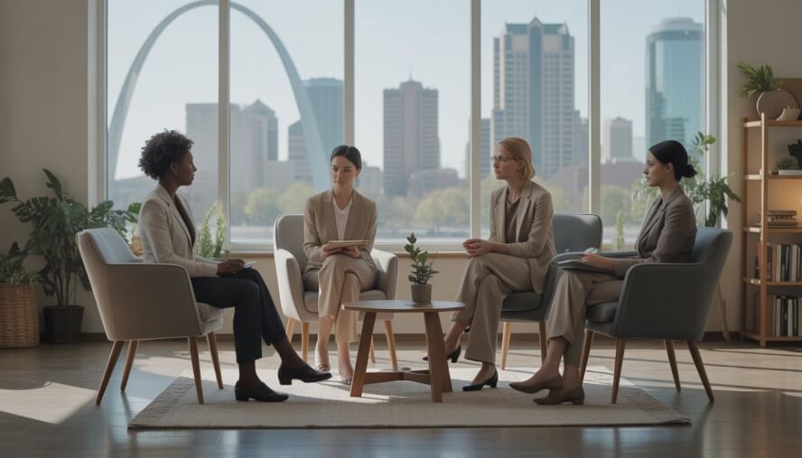 A therapist attentively listening to a client in a comfortable therapy office with a view of the St. Louis Gateway Arch through the window.