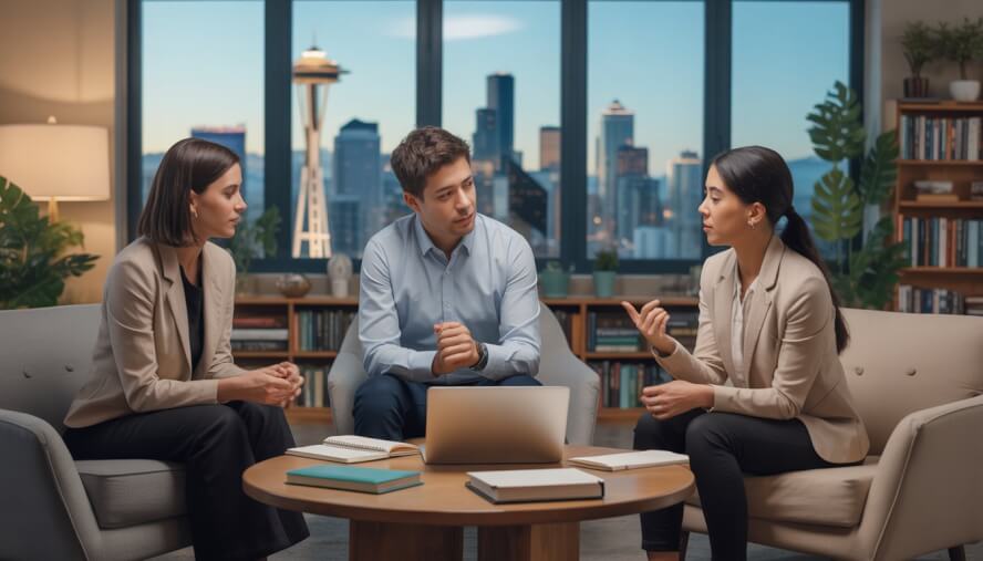 Three therapists sitting around a table in a bright office with a view of the Seattle skyline, engaged in conversation.