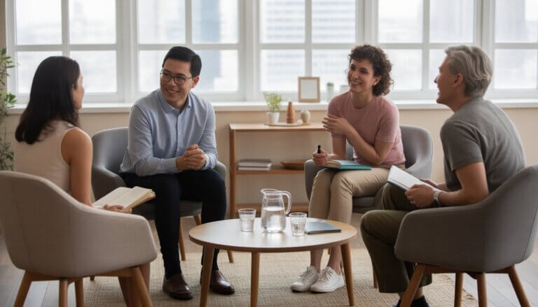 A diverse group of adults sitting in a circle in a bright therapy room, engaged in a supportive conversation.