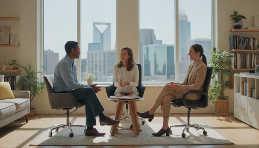 Three adults in a therapy office having a supportive conversation with a city skyline visible through the windows.