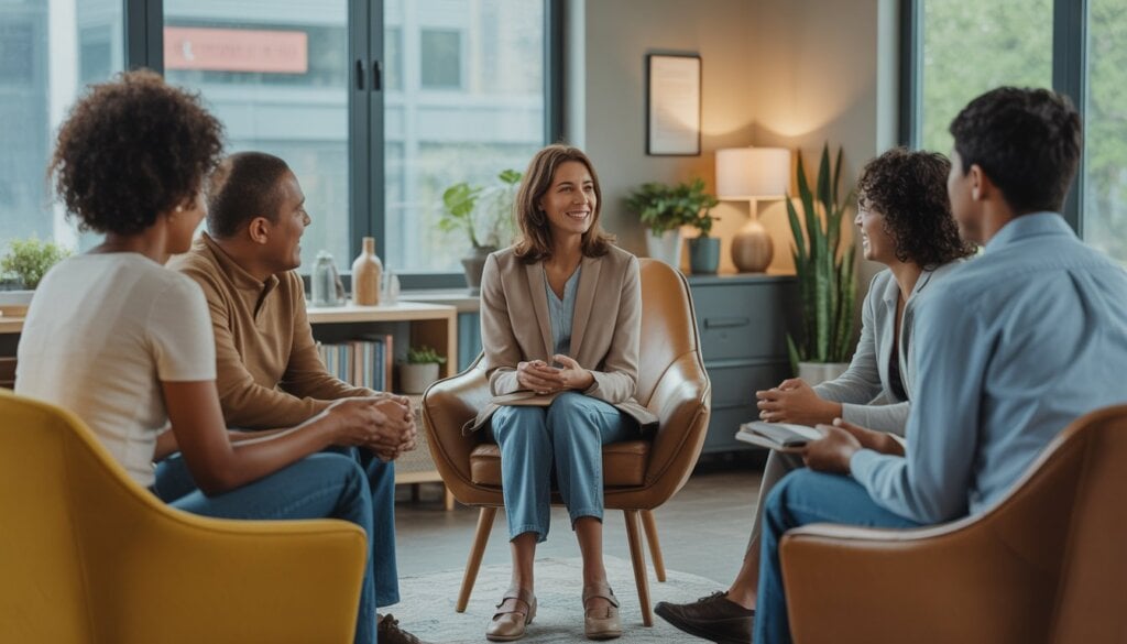 A therapist and three adults engaged in a supportive group conversation in a bright, modern office with large windows and plants.