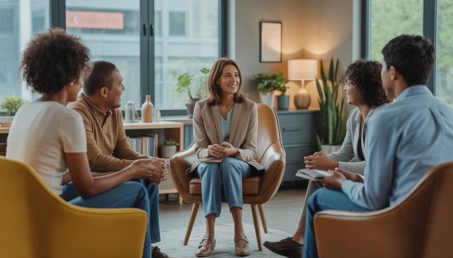 A therapist and three adults engaged in a supportive group conversation in a bright, modern office with large windows and plants.