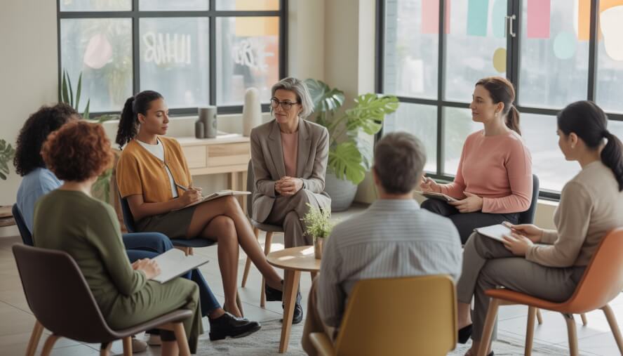 A diverse group of adults and a therapist sitting in a bright, modern counseling office, engaged in a group therapy session.