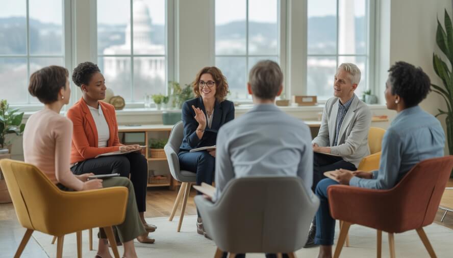 A therapist leading a group discussion with diverse adults in a bright counseling office with a blurred view of Washington, DC landmarks outside the window.