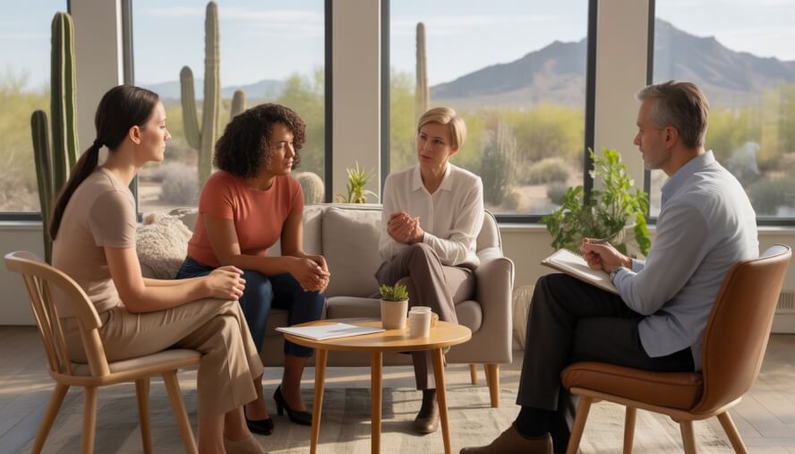 Three adults and a therapist having a supportive conversation in a bright office with a view of desert plants and mountains.