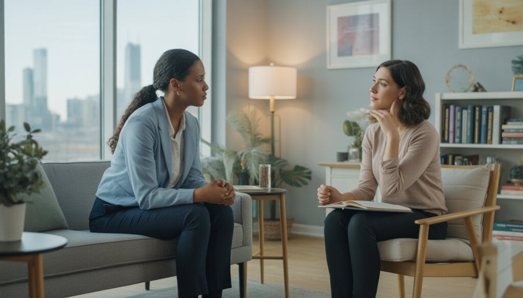 A therapist attentively listening to a client in a bright therapy office with a window showing a city view.