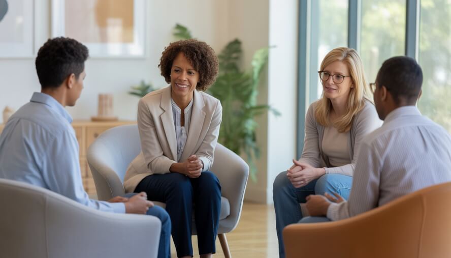 A therapist and three people sitting in a circle in a bright counseling office having a supportive conversation.