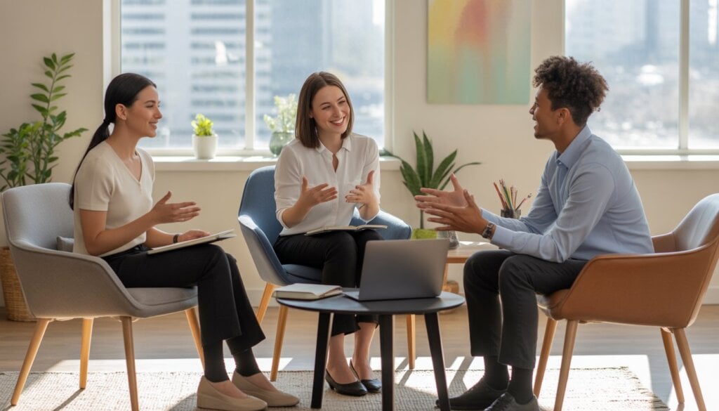 Three therapists sitting in a bright office with large windows, engaged in a friendly discussion with notebooks and a laptop on a coffee table.