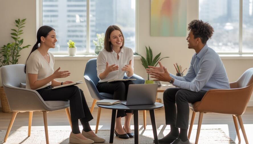 Three therapists sitting in a bright office with large windows, engaged in a friendly discussion with notebooks and a laptop on a coffee table.