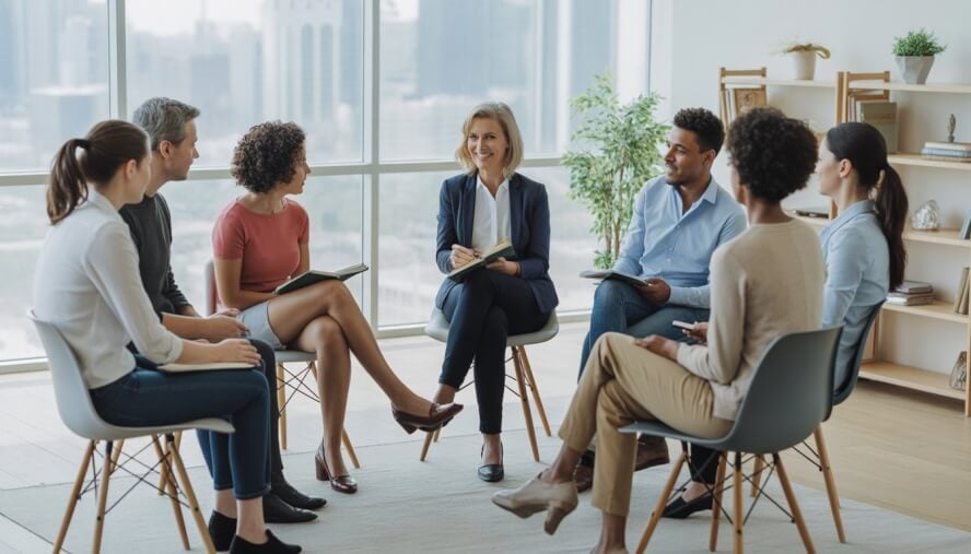 A group therapy session with a therapist and diverse adults talking in a bright office with large windows showing the Atlanta skyline.