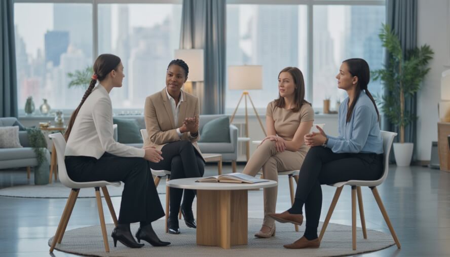 A group therapy session with therapists and clients talking around a table in a bright office with a view of the New York City skyline.