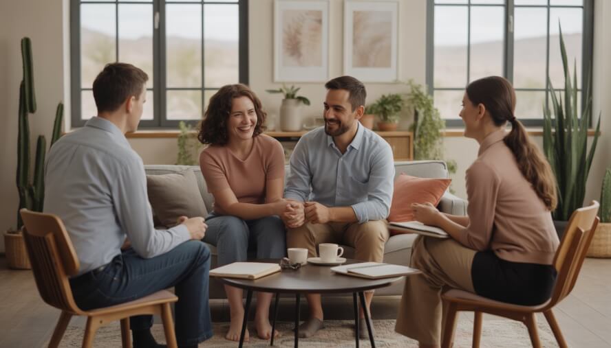 Two therapists meeting with a couple in a comfortable therapy office with large windows and plants.