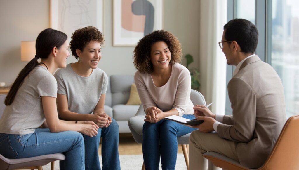 Three adults having a supportive therapy conversation in a modern office with a window showing the San Francisco skyline.