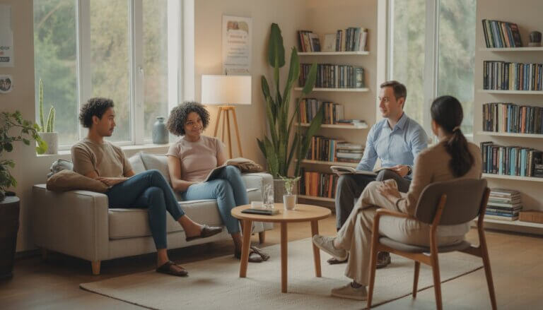 A diverse group therapy session with a therapist and three adults sitting comfortably in a bright, cozy room with large windows and plants.