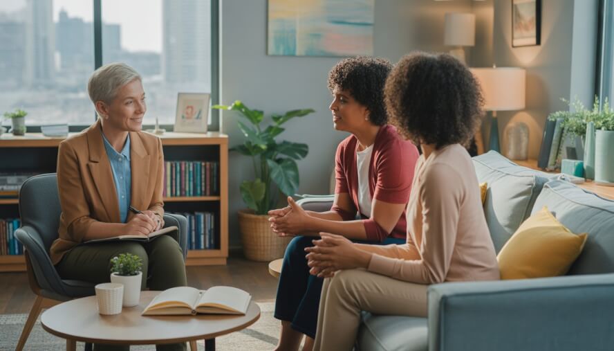 Three adults having a supportive therapy session in a comfortable office with a view of Baltimore city through the window.