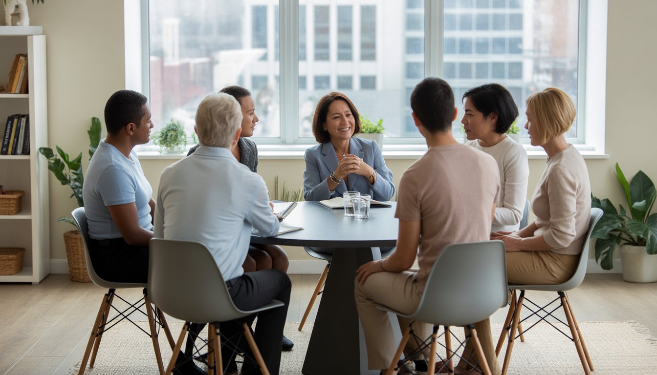A group therapy session in a bright counseling office with a therapist and diverse adults talking around a table.