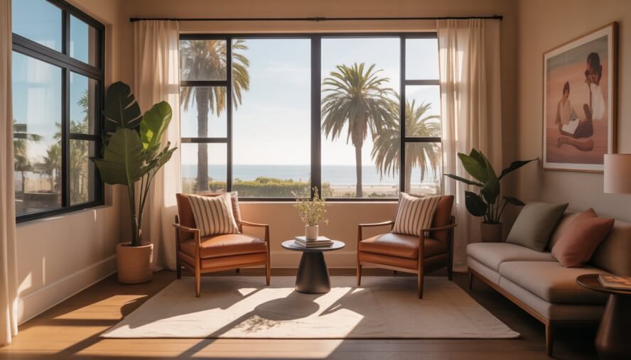 A bright therapy office with two armchairs and a coffee table, large windows showing palm trees and the beach outside.