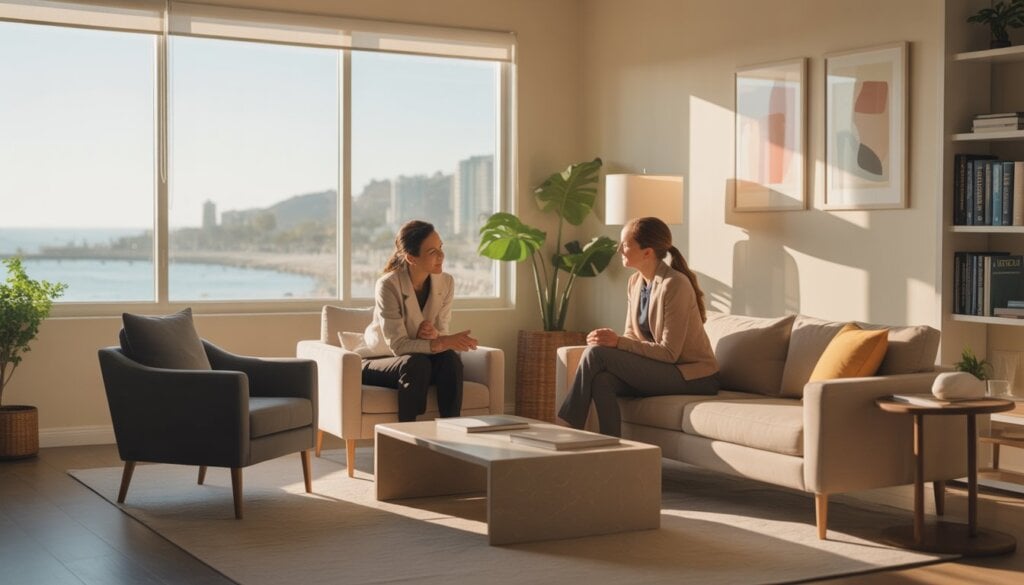 A therapist and a client talking in a bright, comfortable therapy office with large windows showing a coastal city view.