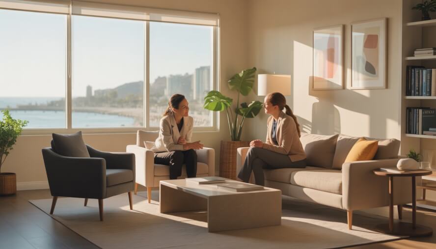 A therapist and a client talking in a bright, comfortable therapy office with large windows showing a coastal city view.
