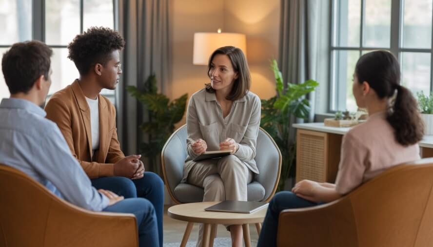 A therapist and a small group of clients engaged in a supportive conversation in a comfortable therapy office.