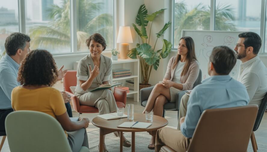 A therapist and a diverse group of adults sitting in a circle in a bright counseling office with large windows showing palm trees and a city skyline.
