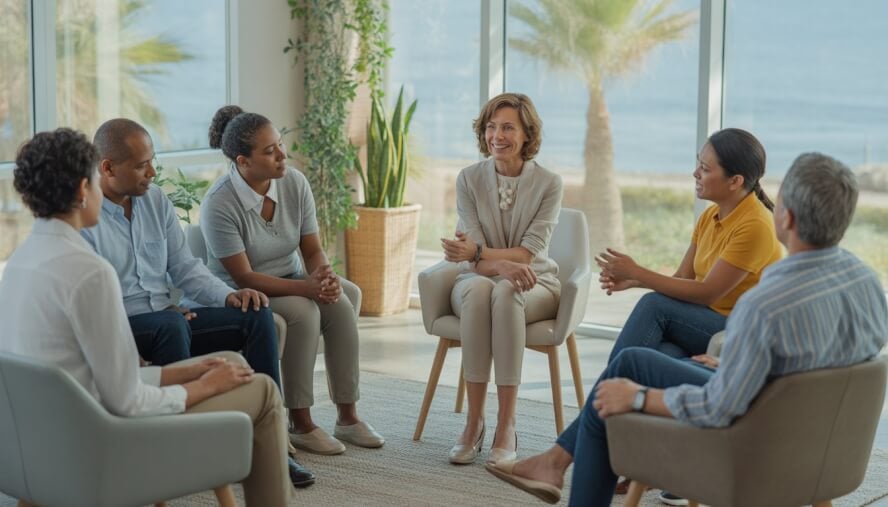 A therapist leading a diverse group therapy session in a bright room with large windows showing palm trees outside.