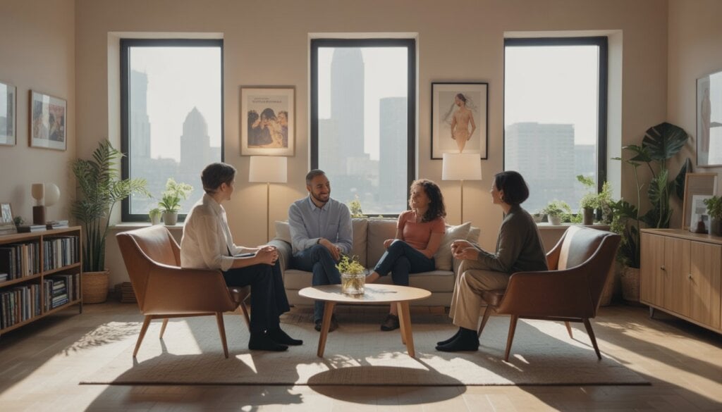 Two therapists talking with a diverse couple in a bright, comfortable therapy office with large windows showing a city view.