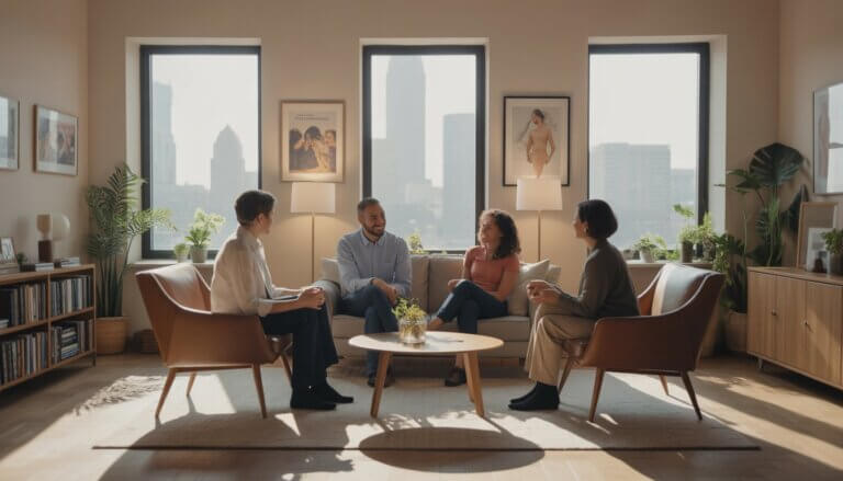 Two therapists talking with a diverse couple in a bright, comfortable therapy office with large windows showing a city view.