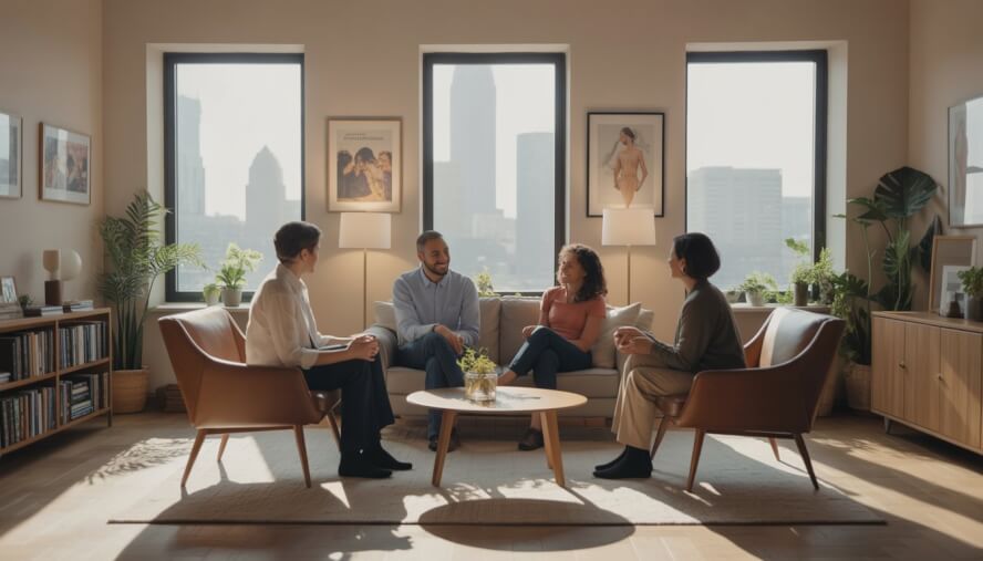 Two therapists talking with a diverse couple in a bright, comfortable therapy office with large windows showing a city view.