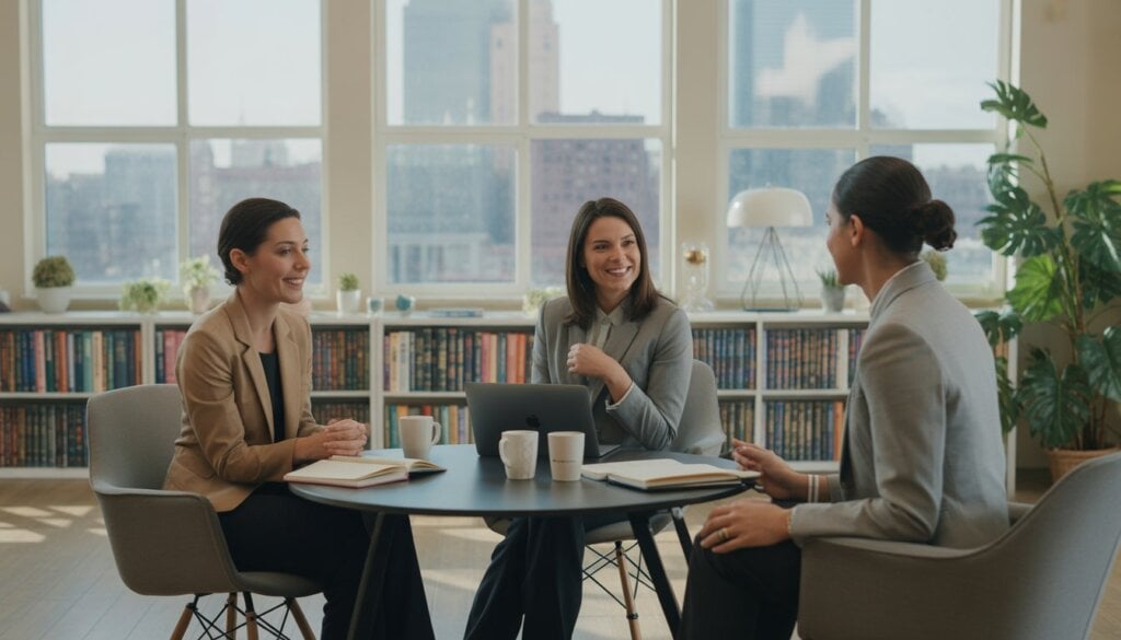 Three therapists talking together in a bright office with a view of Boston city, surrounded by plants and books.