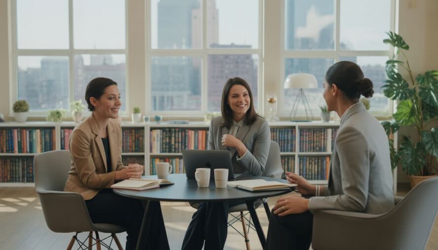 Three therapists talking together in a bright office with a view of Boston city, surrounded by plants and books.