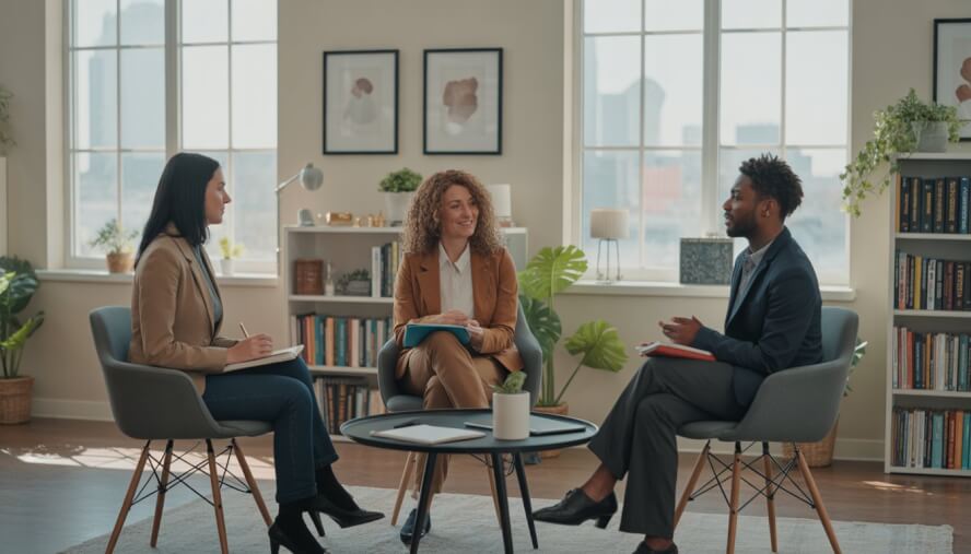Three therapists sitting and talking together in a bright counseling office with plants and bookshelves, with a city view in the background.