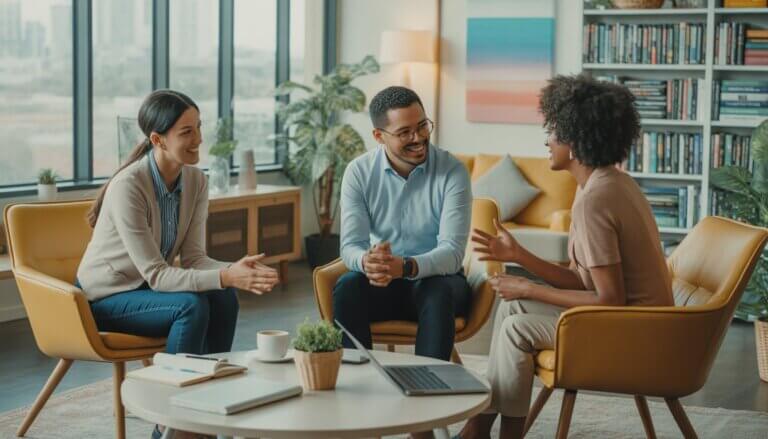 Three therapists having a friendly conversation in a bright office with large windows showing a city view.