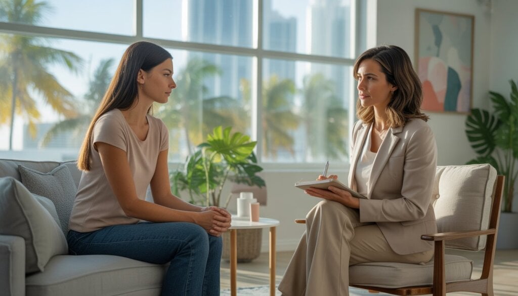 A therapist attentively listening to a client during a therapy session in a bright office with palm trees and city skyline visible through the window.