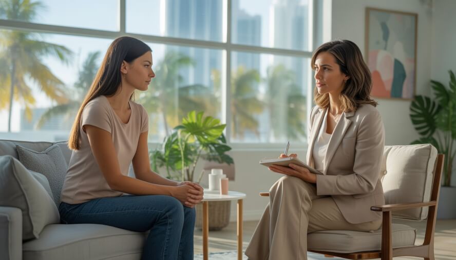A therapist attentively listening to a client during a therapy session in a bright office with palm trees and city skyline visible through the window.