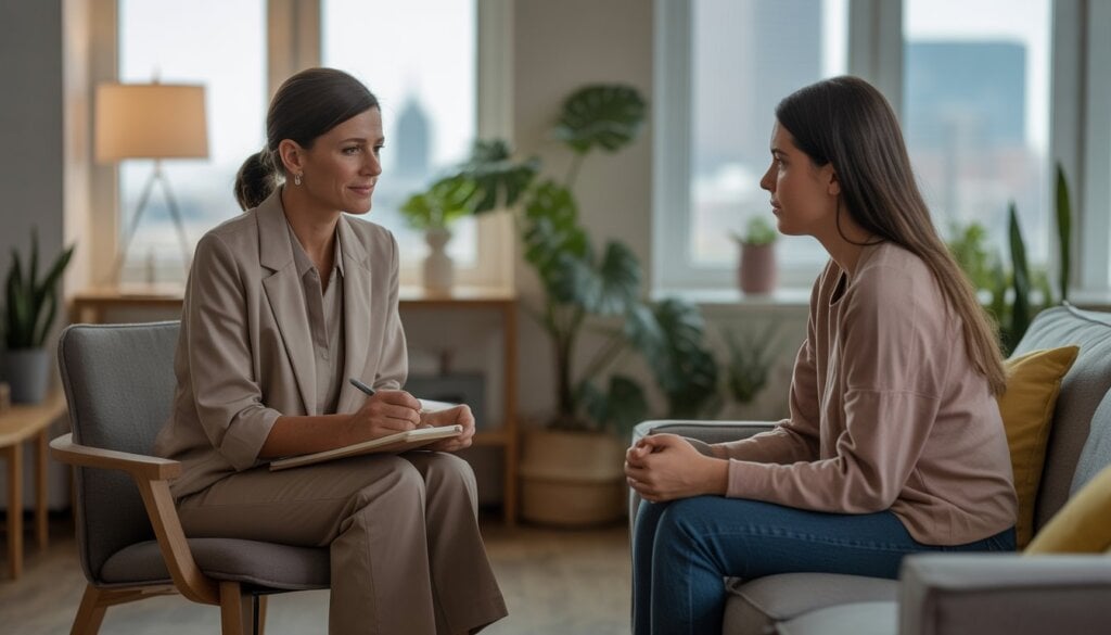 A therapist and a client in a warm, modern office with large windows showing a city view, engaged in a supportive therapy session.