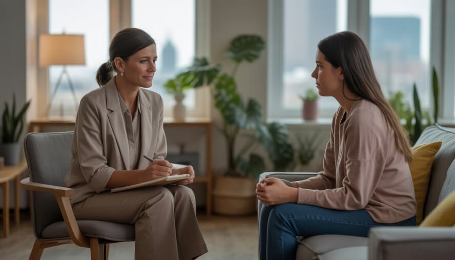 A therapist and a client in a warm, modern office with large windows showing a city view, engaged in a supportive therapy session.