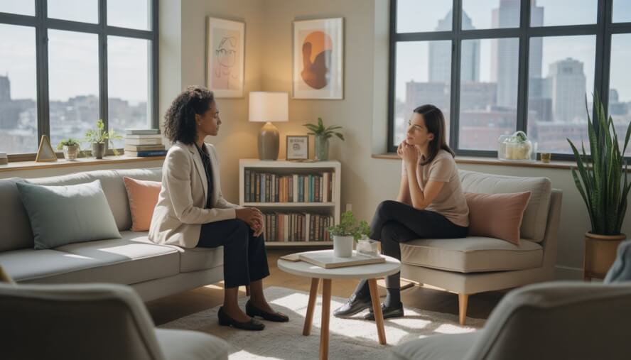 A therapist attentively listening to a woman in a bright, comfortable therapy office with a view of Boston through the window.