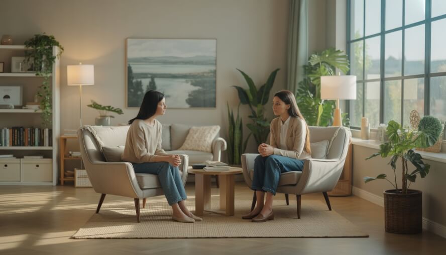 A therapist and client having a supportive conversation in a bright, comfortable therapy office with plants and books.