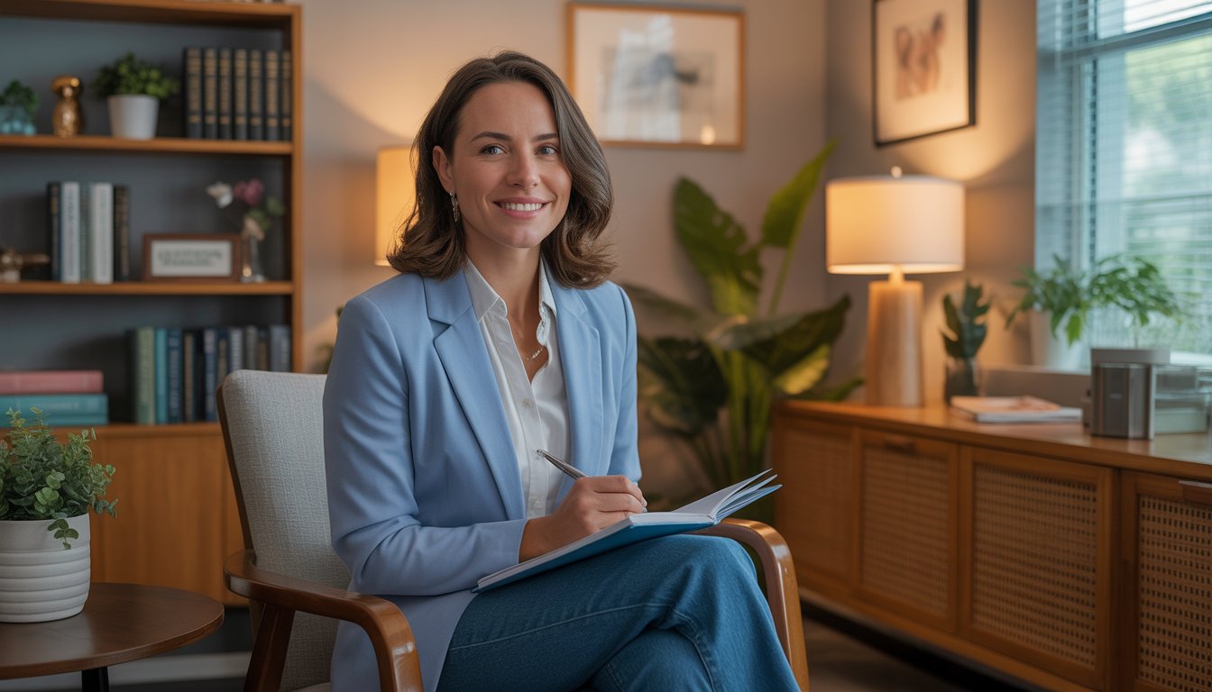 A therapist sitting in a comfortable counseling office with bookshelves and plants, looking approachable and ready to help.