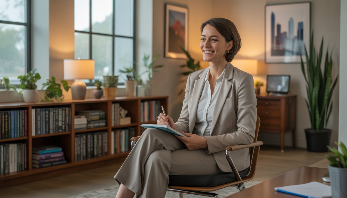 A female therapist sitting in a comfortable office, attentively listening and taking notes during a counseling session.