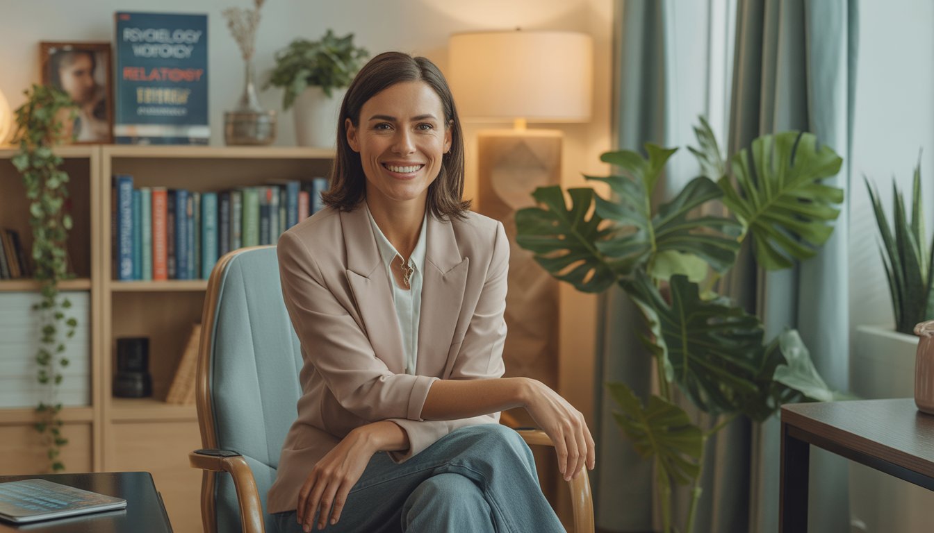 A female therapist sitting in a comfortable office with bookshelves and plants, smiling warmly.