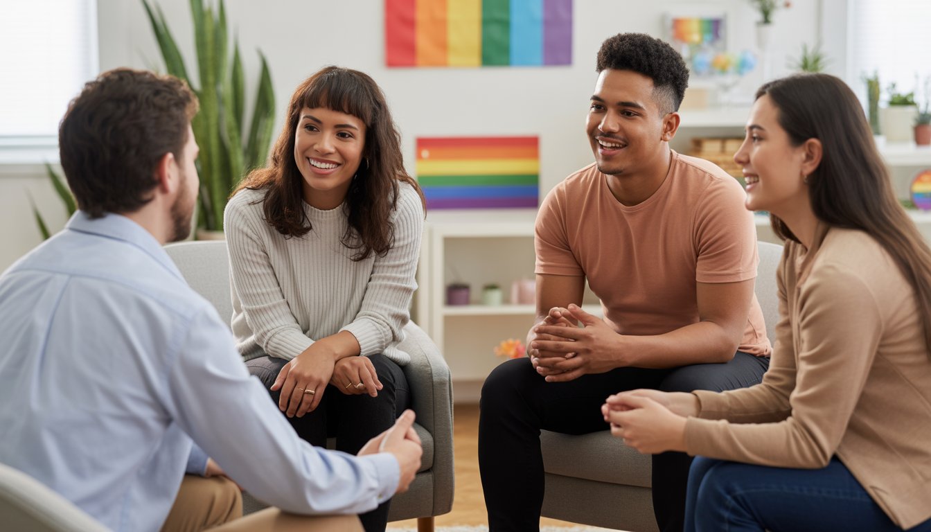 Three therapists and a couple having a supportive conversation in a bright, welcoming counseling office.