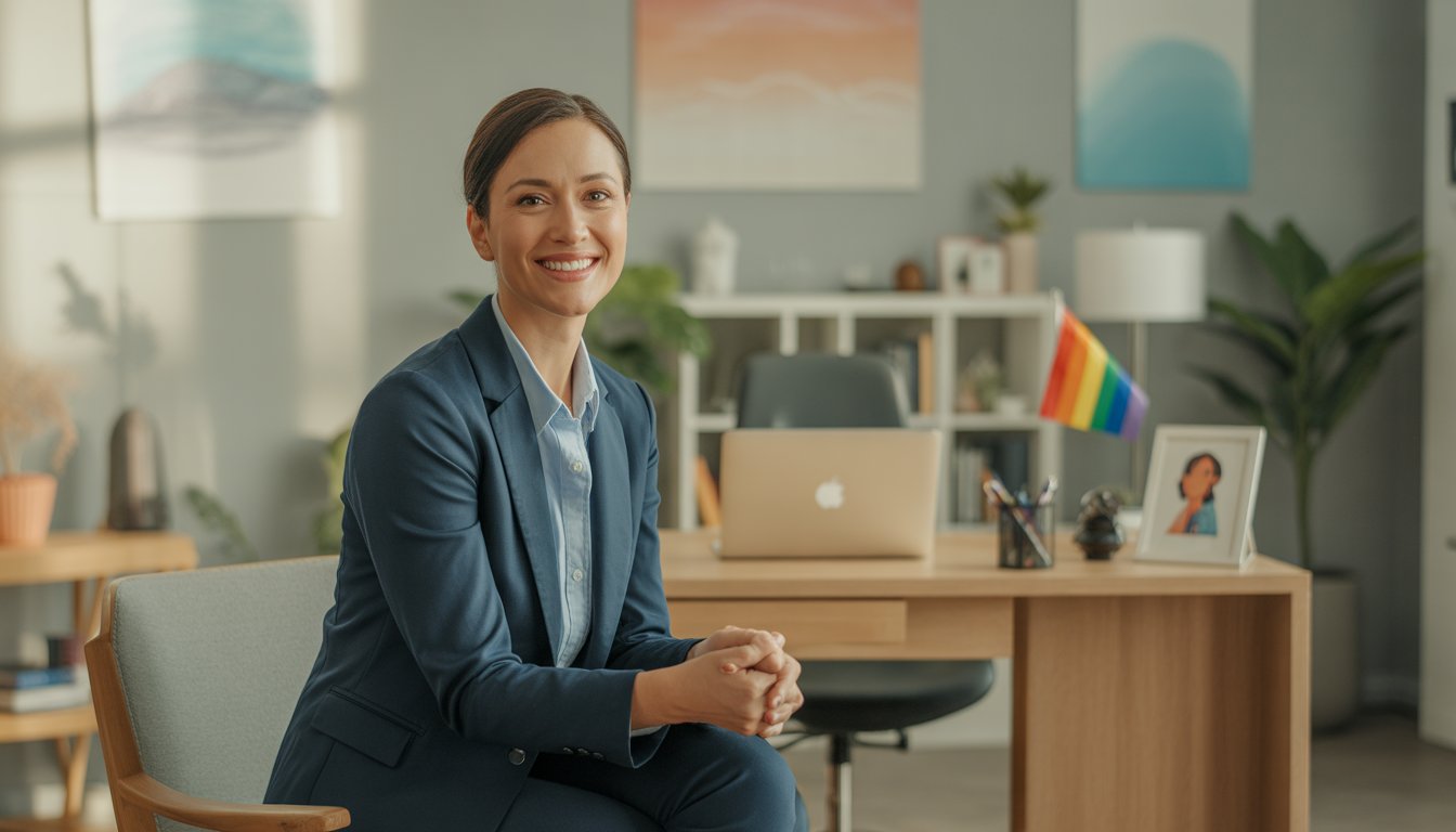A therapist sitting in a modern office with plants and bookshelves, smiling warmly and creating a welcoming atmosphere.