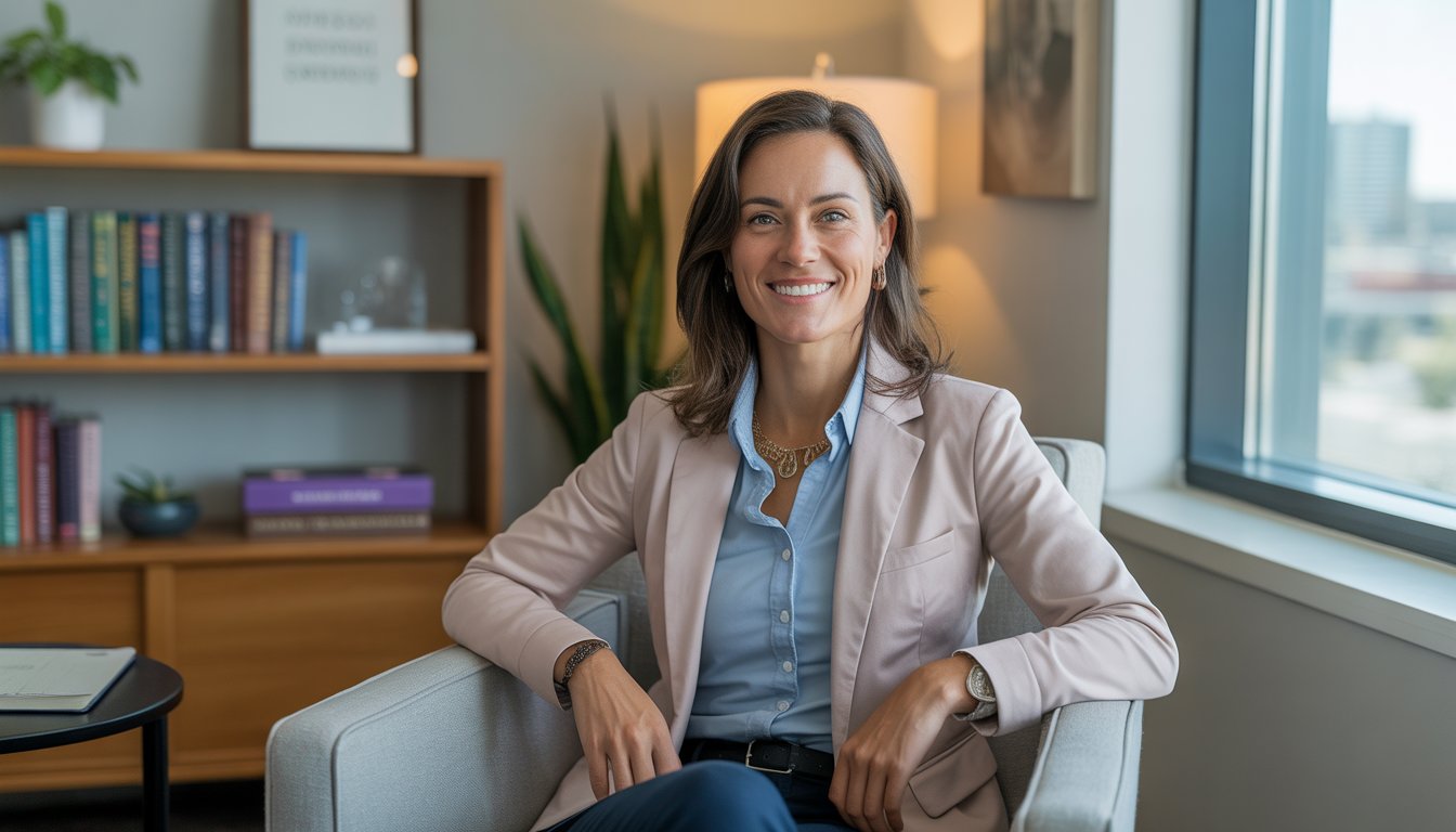 A female therapist sitting in a bright office with a bookshelf and a window showing a city view.