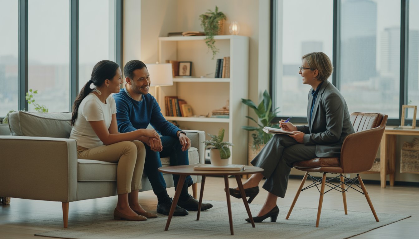 A couple and a therapist having a supportive conversation in a bright, modern counseling office with a view of Denver.